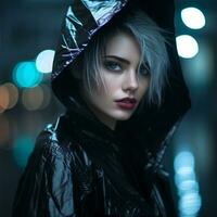 a woman in a black jacket with white hair and blue eyes generative ai photo
