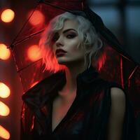 a woman in a black leather jacket and red umbrella generative ai photo