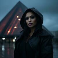 a woman in a black leather jacket standing in front of a pyramid generative ai photo