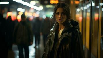 a woman in a black leather jacket standing in a subway station generative ai photo