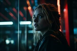 a woman in a black leather jacket looking out the window generative ai photo