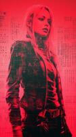 a woman in a black leather jacket standing in front of a red background generative ai photo