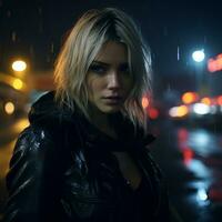 a woman in a black leather jacket standing in the rain at night generative ai photo