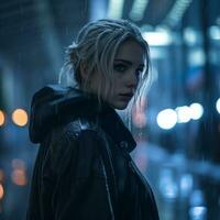 a woman in a black leather jacket standing in the rain at night generative ai photo
