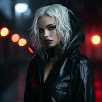 un mujer en un negro cuero chaqueta en pie en el lluvia generativo ai foto