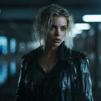a woman in a black leather jacket standing in the rain generative ai photo