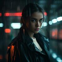 a woman in a black leather jacket standing in the rain generative ai photo