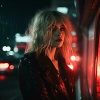 a woman in a black leather jacket standing on a street at night generative ai photo