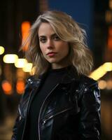 a woman in a black leather jacket generative ai photo