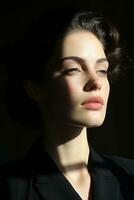 a woman in a black suit with her eyes closed generative ai photo