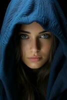a woman in a blue hoodie looking into the camera generative ai photo