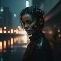 a woman in a cyber suit standing in the rain at night generative ai photo