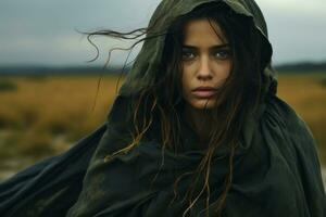 a woman in a cloak standing in the middle of a field generative ai photo