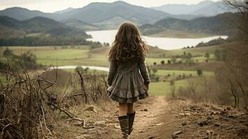 un mujer en un vestir es caminando abajo un suciedad camino generativo ai foto