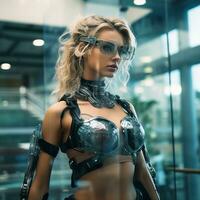 a woman in a futuristic outfit standing in front of a glass wall generative ai photo