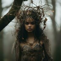 a woman in a forest wearing a headdress with branches on it generative ai photo