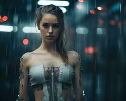 a woman in a futuristic outfit standing in the rain generative ai photo