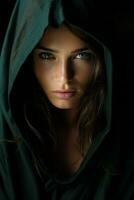 a woman in a green hooded robe generative ai photo