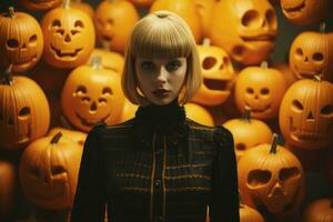 a woman in a halloween costume surrounded by pumpkins generative ai photo