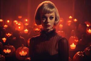 a woman in a halloween costume surrounded by pumpkins generative ai photo