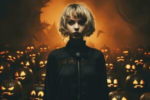 a woman in a halloween costume surrounded by pumpkins generative ai photo