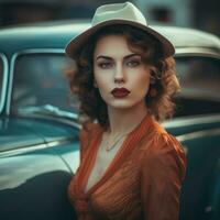 un mujer en un sombrero y rojo lápiz labial posando siguiente a un antiguo coche generativo ai foto