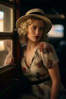 a woman in a hat and dress leaning against a window generative ai photo