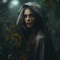 a woman in a hooded cloak in the woods generative ai photo