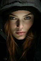 a woman in a hooded jacket looking into the camera generative ai photo