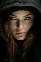 a woman in a hooded jacket looking into the camera generative ai photo