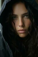 a woman in a hooded jacket looking at the camera generative ai photo