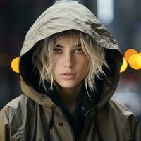 a woman in a hooded jacket on the street generative ai photo