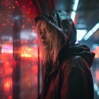 a woman in a hooded jacket standing in front of a red light generative ai photo