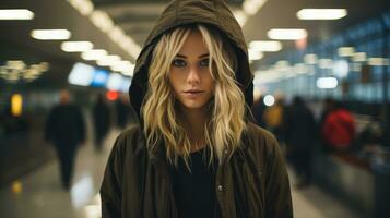 a woman in a hooded jacket standing in an airport generative ai photo