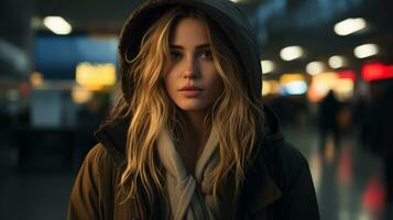 a woman in a hooded jacket standing in an airport generative ai photo