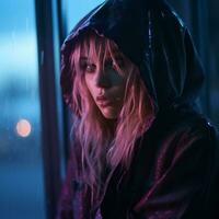 a woman in a hooded jacket standing in front of a window generative ai photo