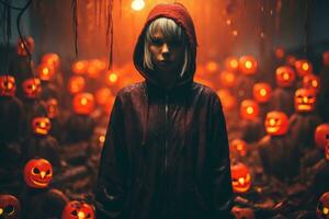 a woman in a hooded jacket standing in front of pumpkins generative ai photo