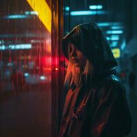 a woman in a hooded jacket standing in the rain at night generative ai photo