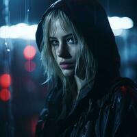 a woman in a hooded jacket standing in the rain generative ai photo