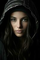 a woman in a hooded jacket with dark hair generative ai photo