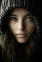 a woman in a hooded jacket with blue eyes generative ai photo