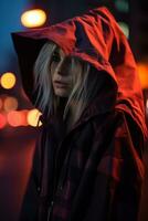 a woman in a hooded jacket standing on the street at night generative ai photo