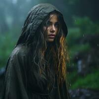 un mujer en un encapuchado impermeable en pie en el lluvia generativo ai foto