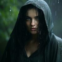 a woman in a hooded raincoat standing in the rain generative ai photo