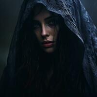 a woman in a hooded robe in the rain generative ai photo