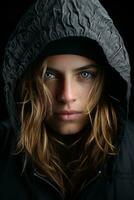 a woman in a hooded jacket with blue eyes generative ai photo