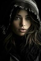 a woman in a hooded jacket with long hair generative ai photo