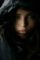 a woman in a hooded jacket with dark hair generative ai photo