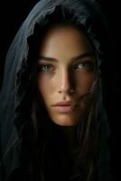 a woman in a hooded robe looking at the camera generative ai photo