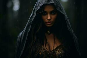 a woman in a hooded robe in the rain generative ai photo